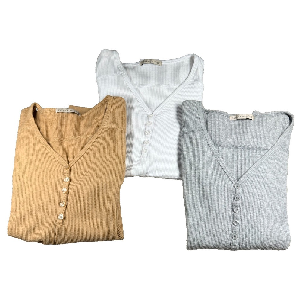 Active Basic Waffle Knit Henley Tops Women Small Lot 3 Long Sleeve Thermal Shirt